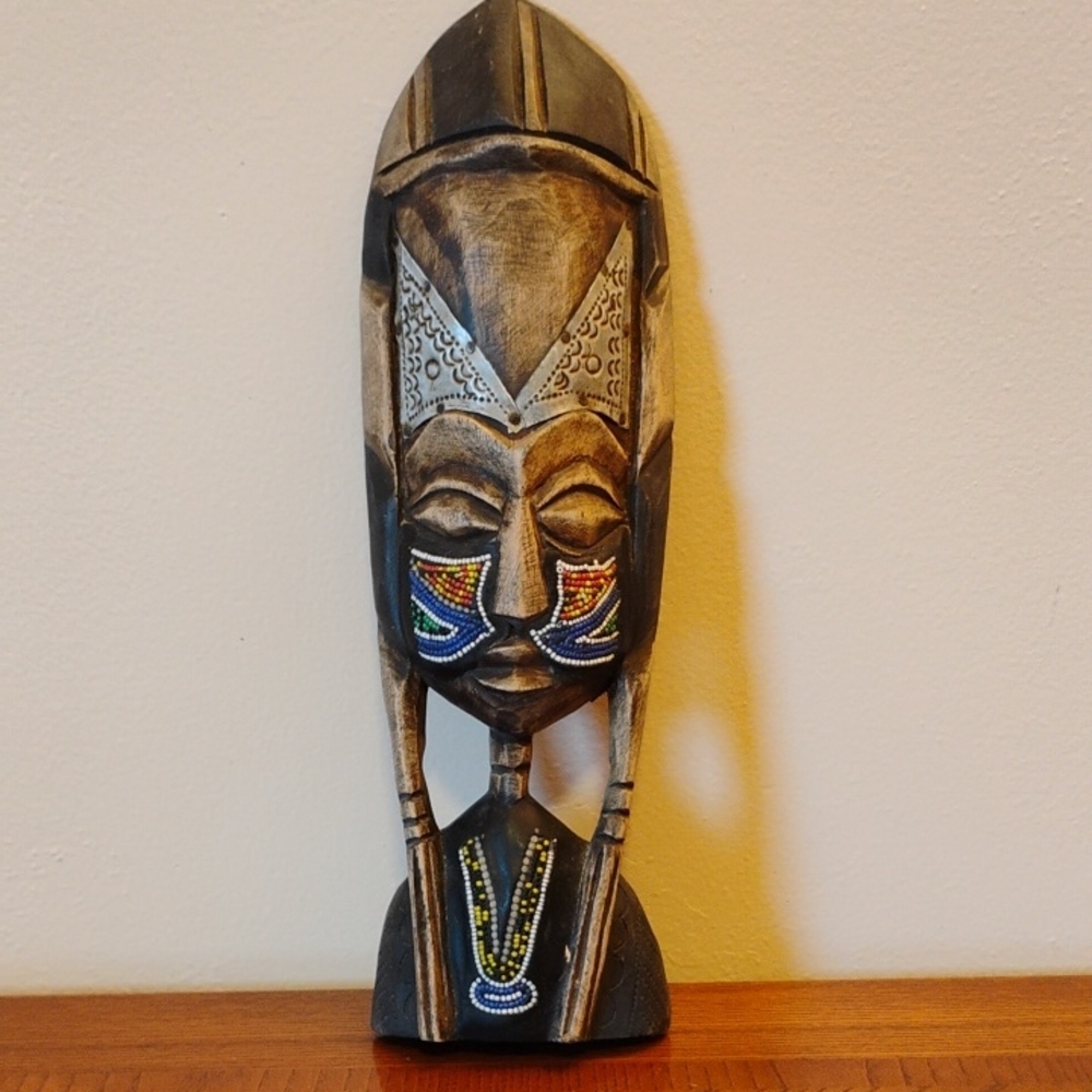 African Tribal Mask Handcrafted In Ghana Wood Beaded with Metal Headdress